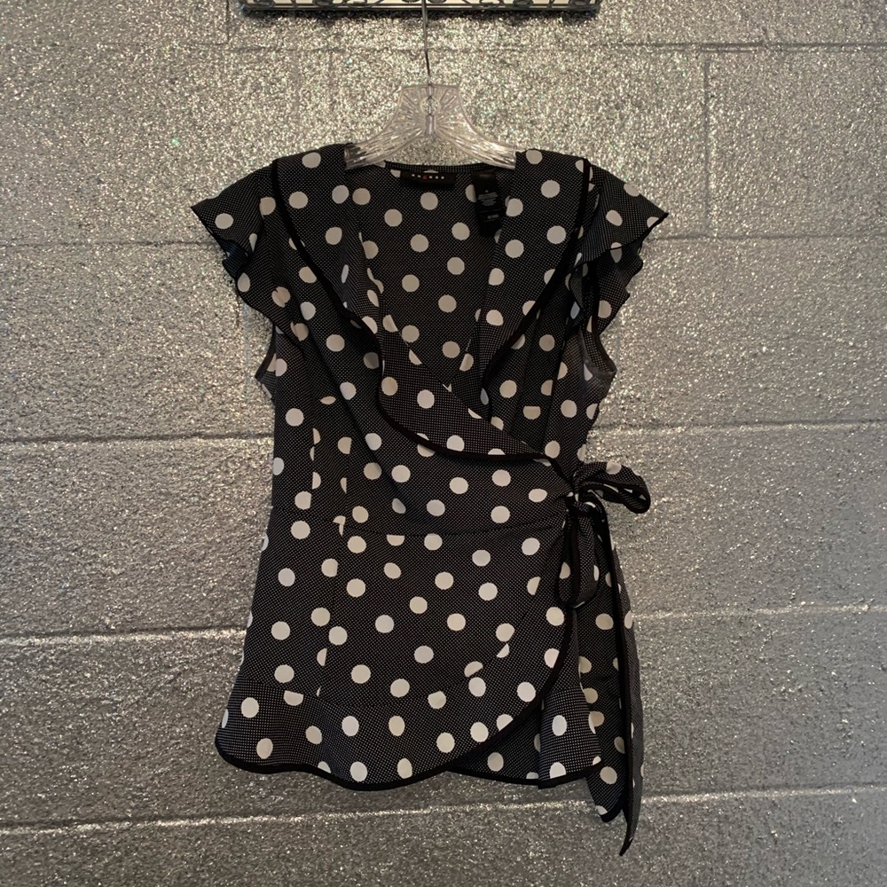 Axcess black and white polka dot wrap blouse